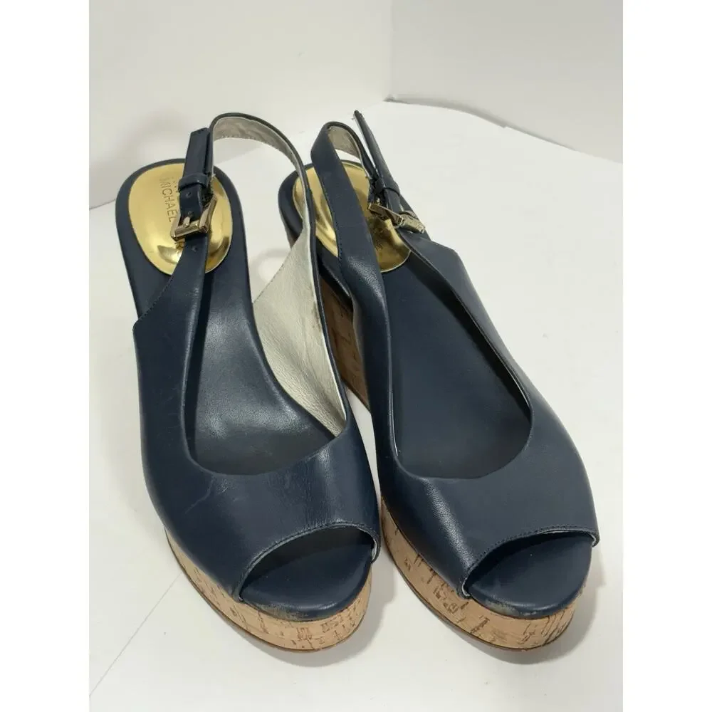 Michael Kors Women's Natalia Sling Back Wedge Cork‎ Sandal Leather Peep Toe 5M